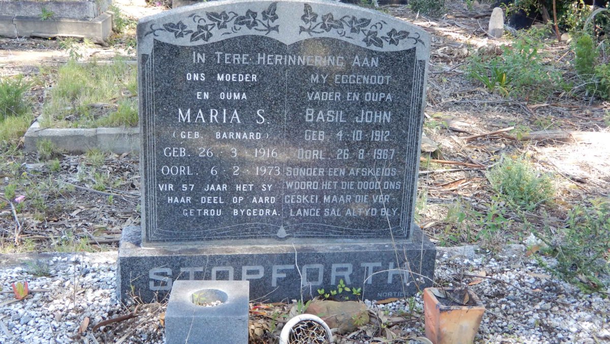 STOPFORTH Basil John 1912-1967 &amp; Maria S. BARNARD 1916-1973