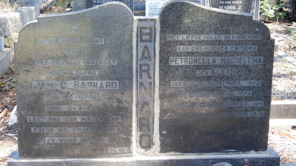 BARNARD Jan C. 188?-1983 &amp; Petronella Magdelena KLEYN 1893-1974