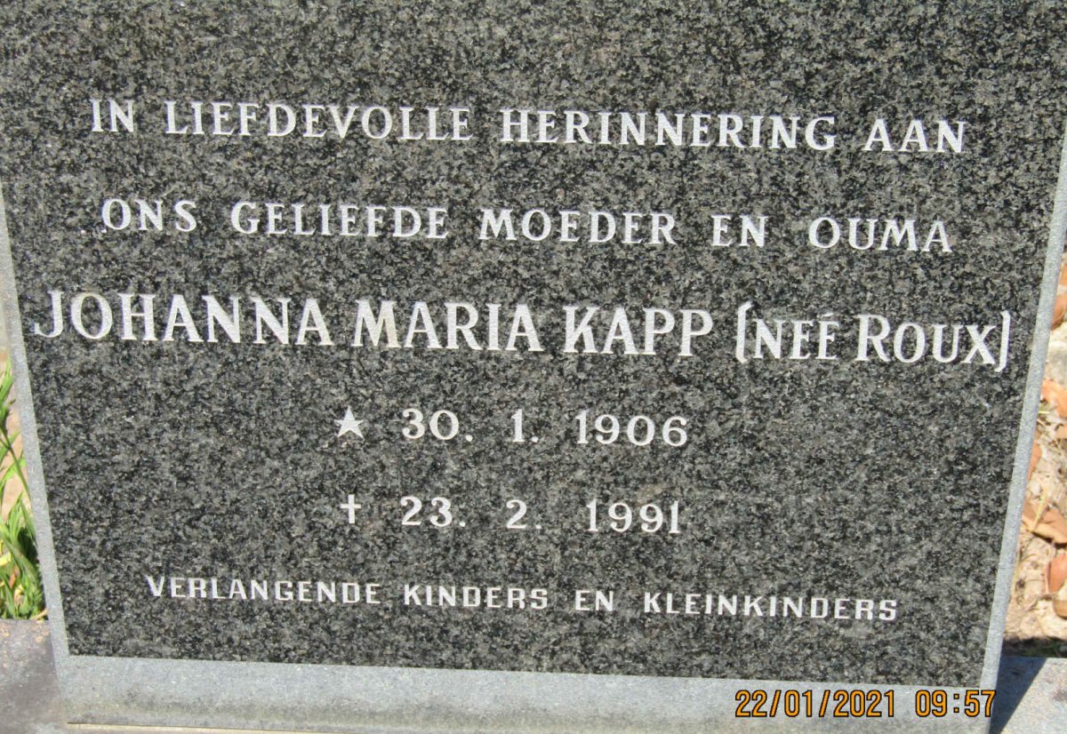 KAPP Johanna Maria nee ROUX 1906-1991