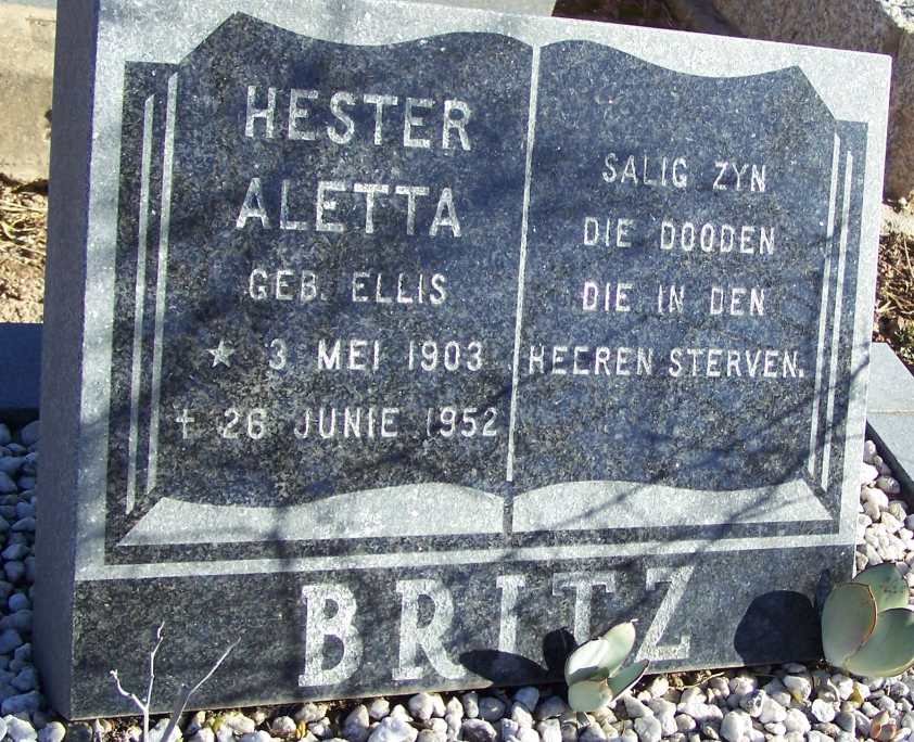 BRITZ Hester Aletta nee ELLIS 1903-1952