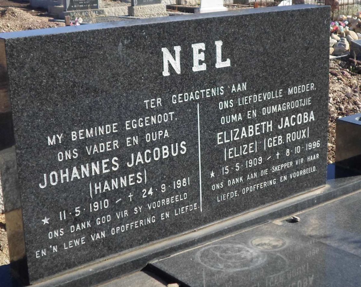 NEL Johannes Jacobus 1910-1981 &amp; Elizabeth Jacoba ROUX 1909-1996