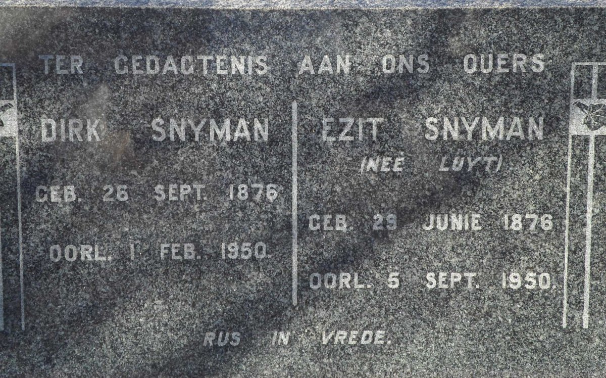 SNYMAN Dirk 1876-1950 &amp; Ezit LUYT 1876-1950