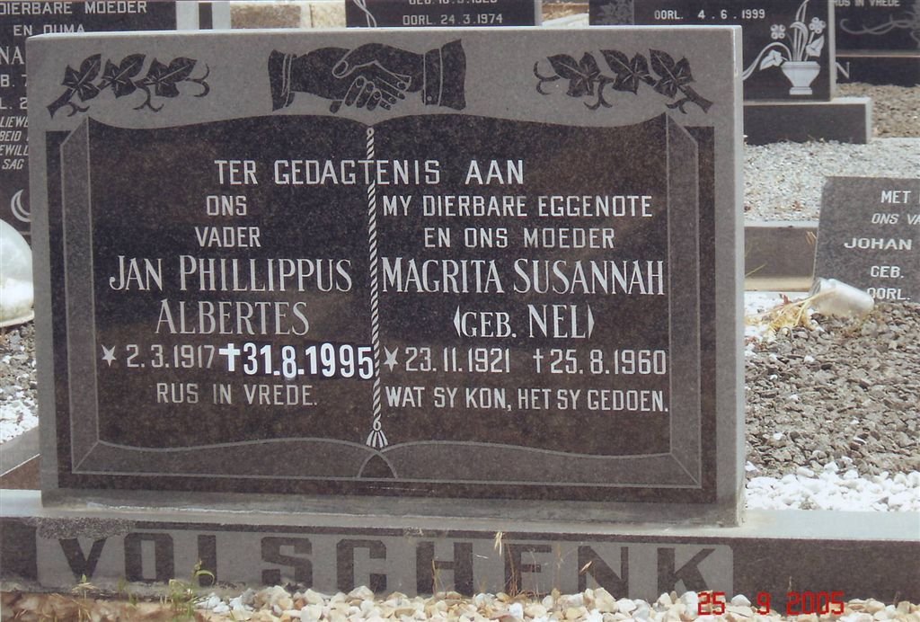 VOLSCHENK Jan Phillippus Albertes 1917-1995 &amp; Magrita Susannah NEL 1921-1960