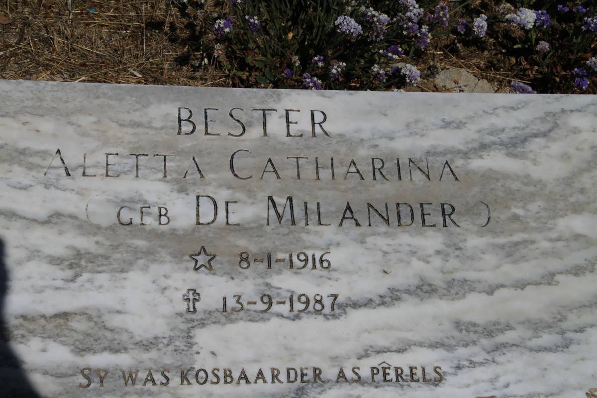 BESTER Aletta Catharina nee DE MILANDER 1916-1987