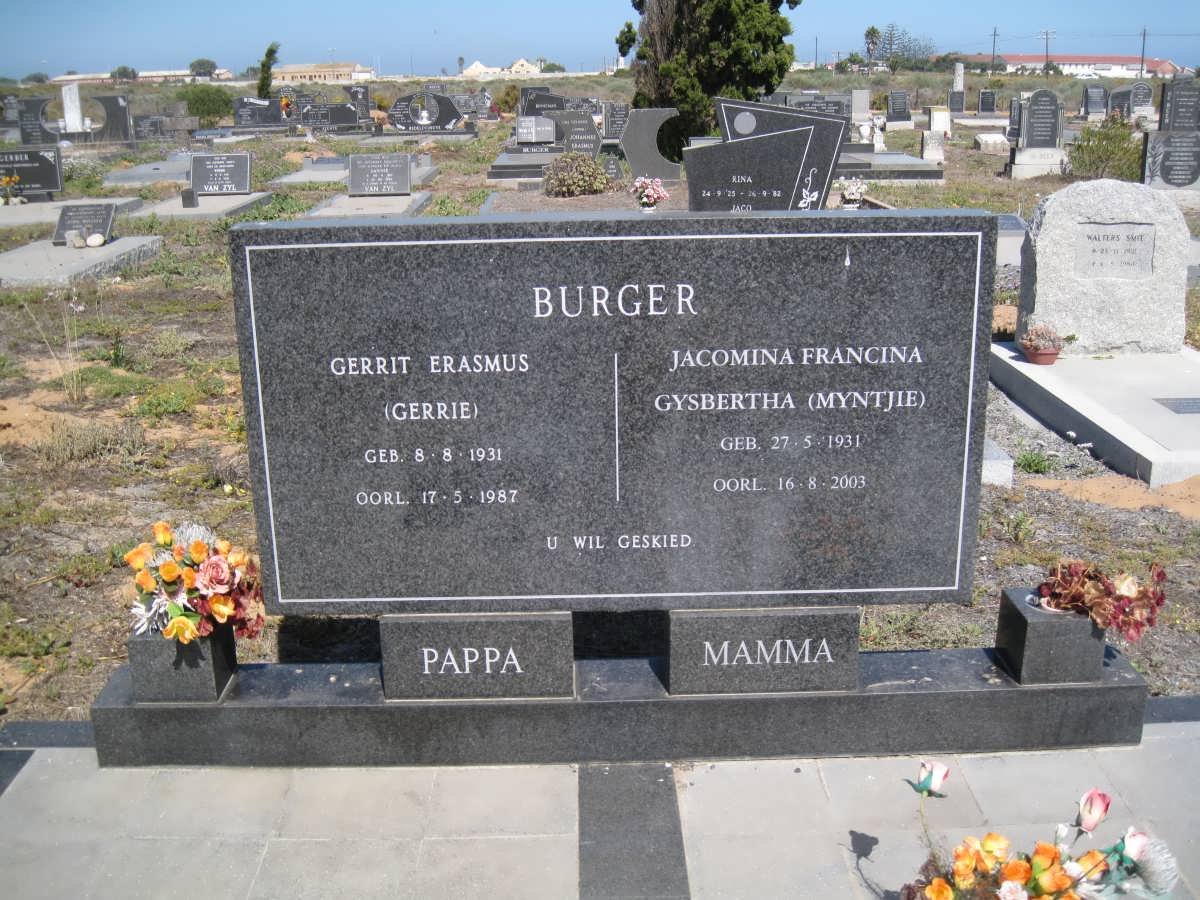 BURGER Gerrit Erasmus 1931-1987 &amp; Jacomina Francina Gysbertha 1931-2003