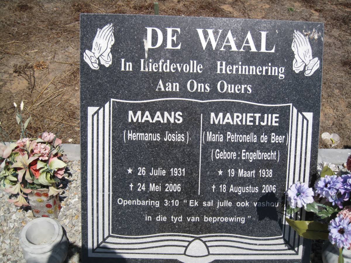 WAAL Hermanus Josias, de 1931-2006 &amp; Maria Petronella DE BEER nee ENGELBRECHT 1938-2006