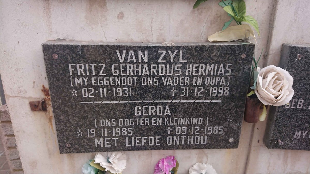 ZYL Fritz Gerhardus Hermias, van 1931-1998 :: VAN ZYL Gerda 1985-1985