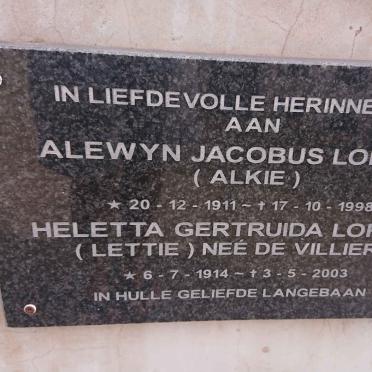LOFTUS Alewyn Jacobus 1911-1998 & Heletta Gertruida DE VILLIERS 1914-2003