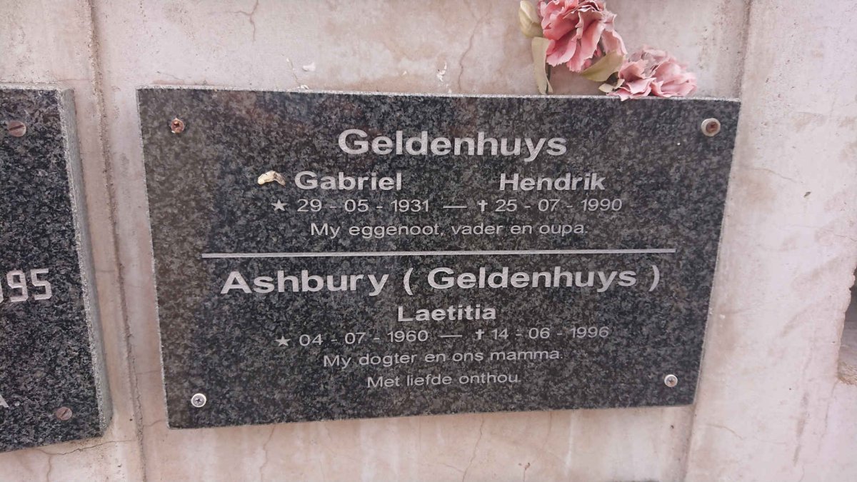 GELDENHUYS Gabriel Hendrik 1931-1990 :: ASHBURY Laetitia nee GELDENHUYS 1960-1996