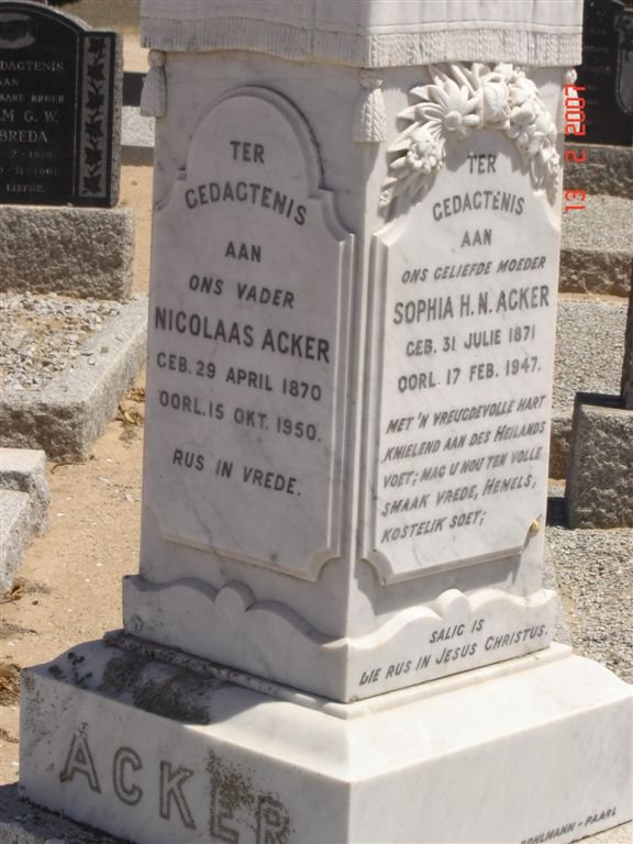 ACKER Nicolaas 1870-1950 &amp; Sophia H.N. 1871-1947