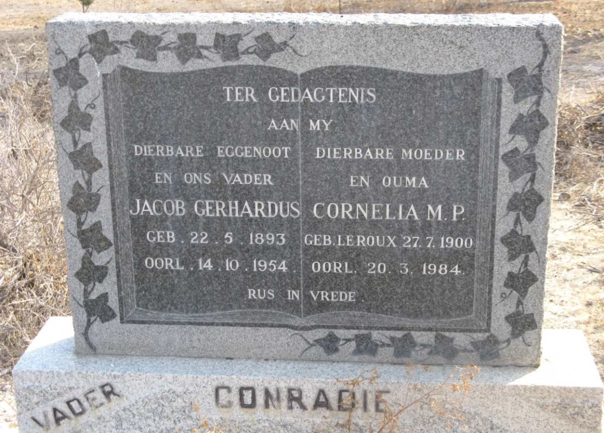 CONRADIE Jacob Gerhardus 1893-1954 &amp; Cornelia M.P. LE ROUX 1900-1984