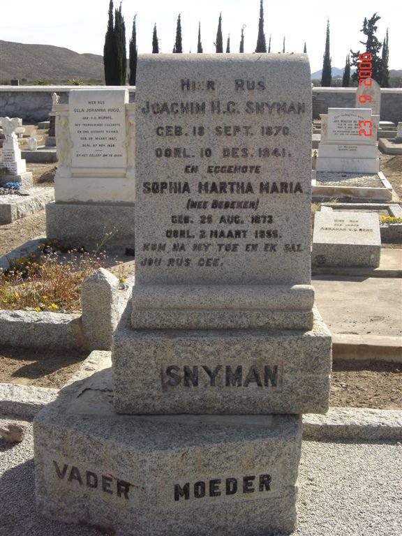 SNYMAN Joachim H.C. 1870-1941 &amp; Sophia Martha Maria BEDEKER 1873-1955