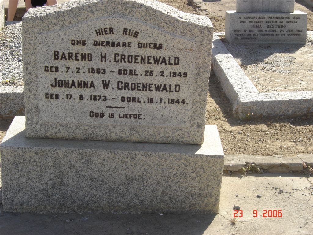 GROENEWALD Barend H. 1863-1945 &amp; Johanna W. 1873-1944