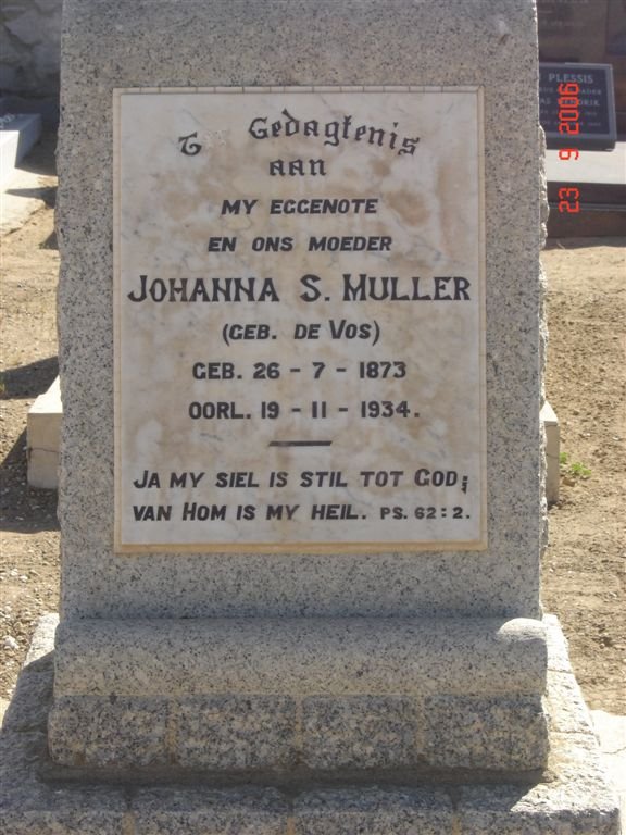 MULLER Johanna S. nee DE VOS 1873-1934
