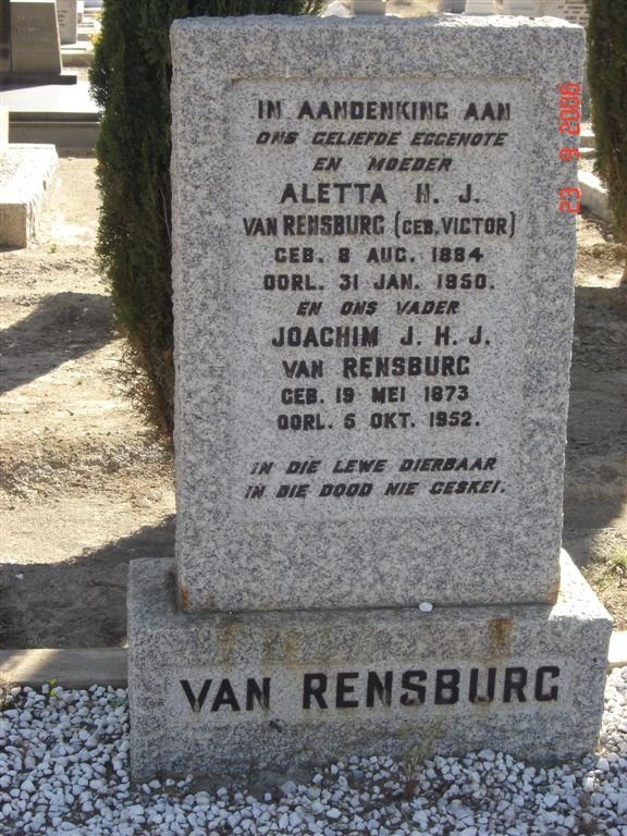 RENSBURG Joachim J.H.J., van 1873-1952 &amp; Aletta Hendrina VICKTOR 1884-1950