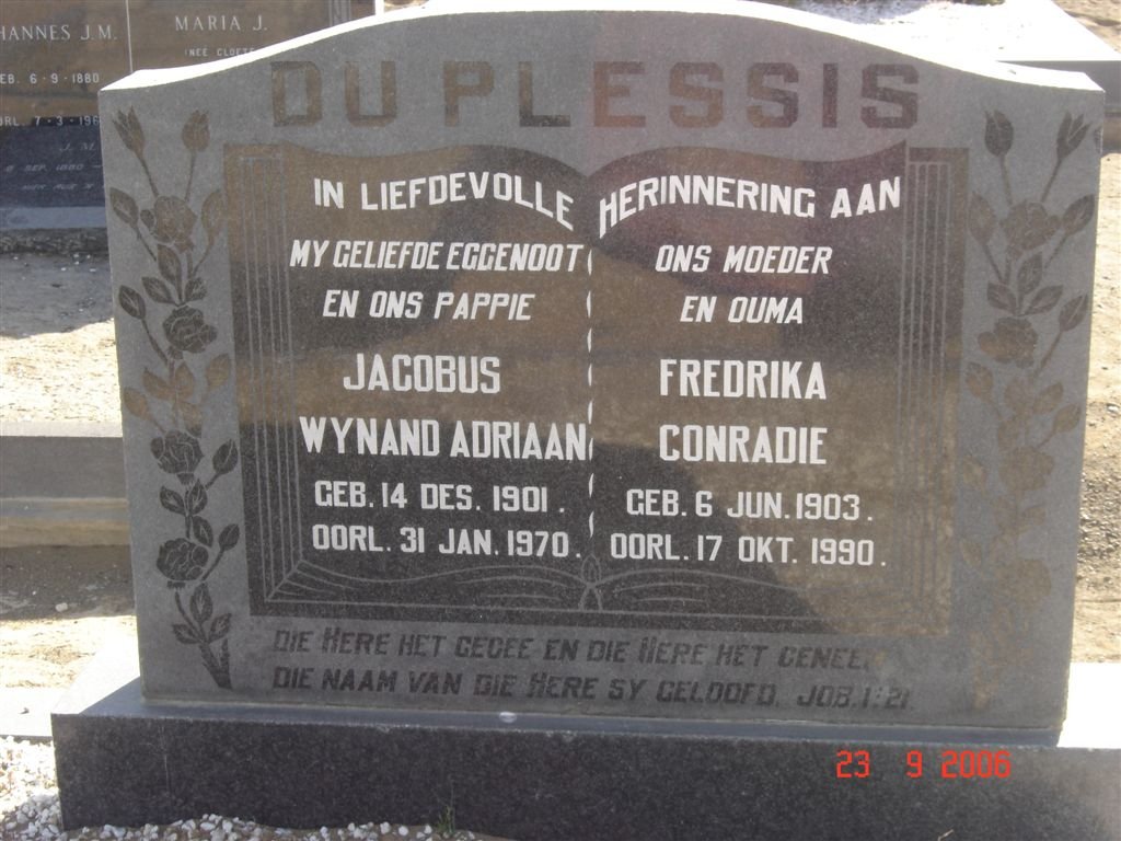 PLESSIS Jacobus Wynand Adriaan 1901-1970 &amp; Fredrika CONRADIE 1903-1990