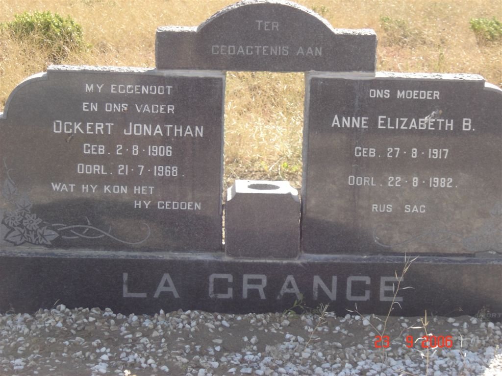 GRANGE Ockert Jonathan, la 1906-1968 &amp; Anne Elizabeth B. 1917-1982