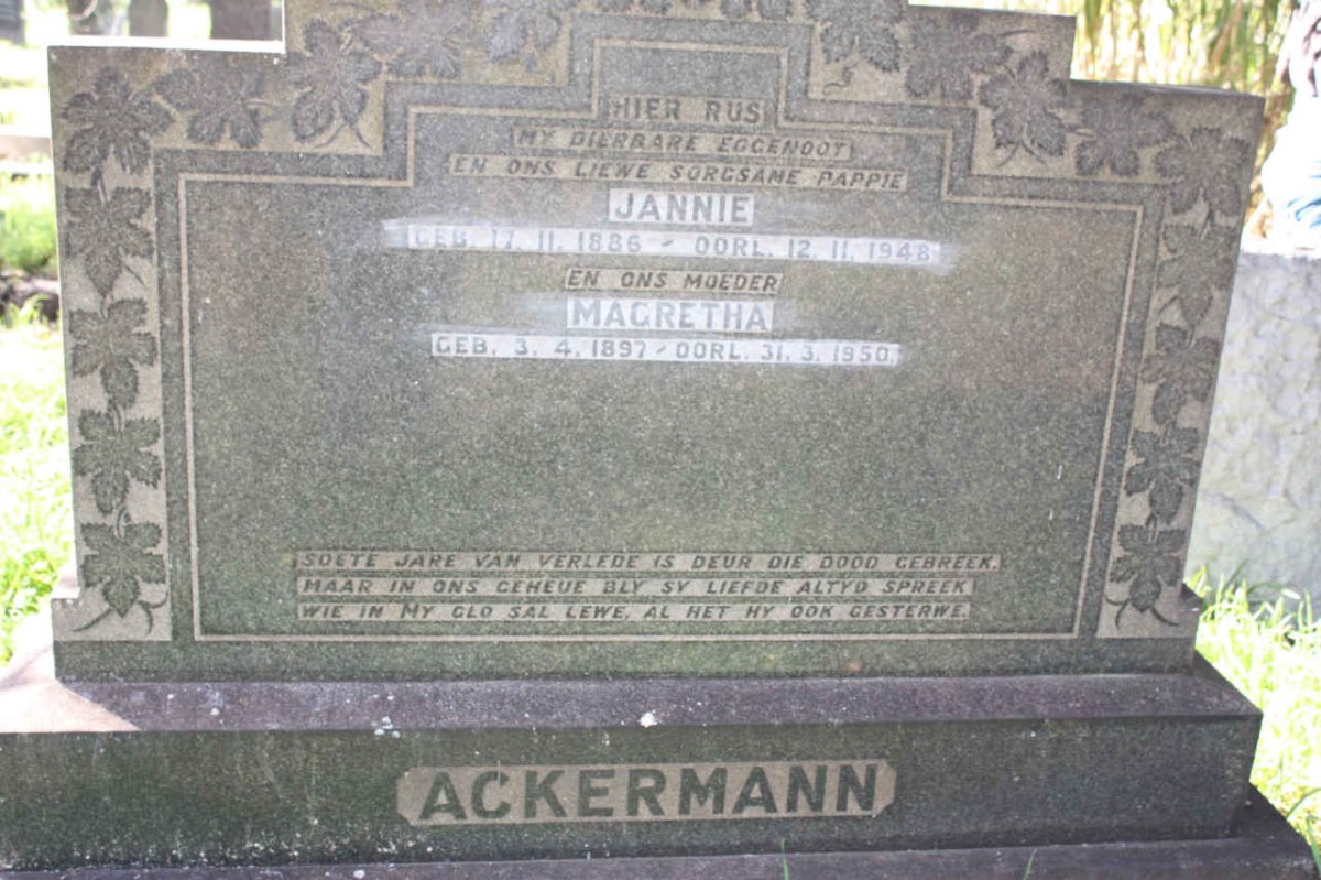 ACKERMANN Jannie 1886-1948 &amp; Magretha 1897-1950