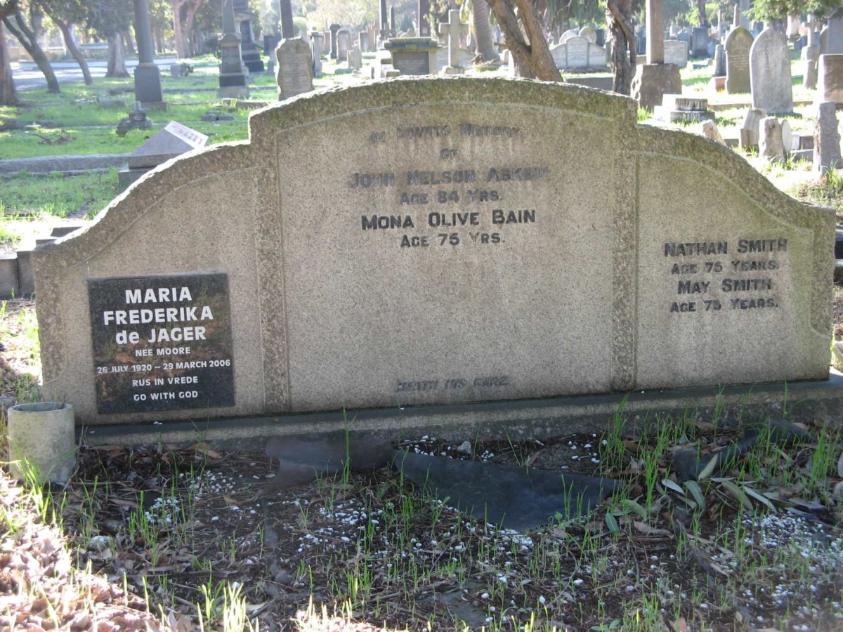 ASKEW John Nelson &amp; Mona Olive BAIN :: SMITH Nathan &amp; May :: JAGER Maria Frederika, de nee MOORE 1920-2006