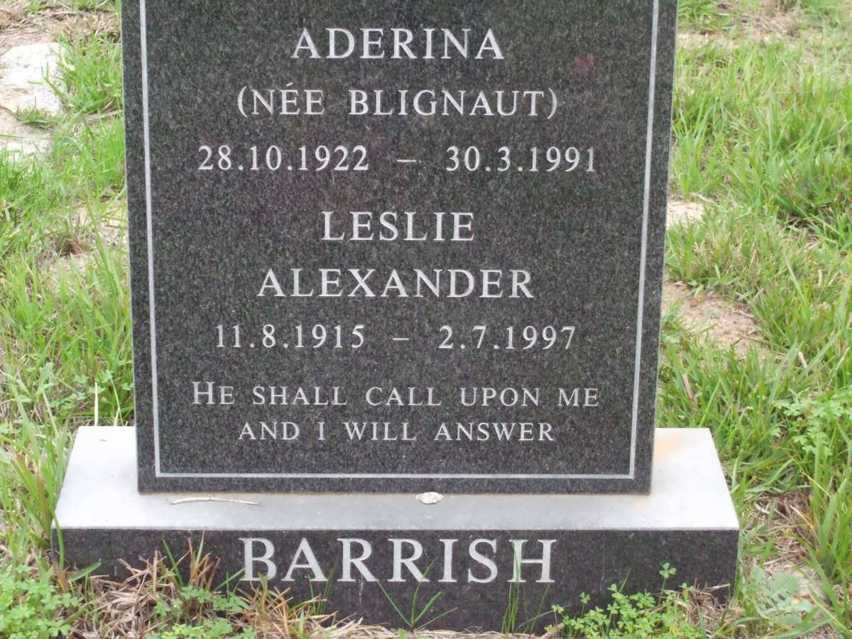 BARRISH Leslie Alexander 1915-1997 &amp; Aderina BLIGNAUT 1922-1991