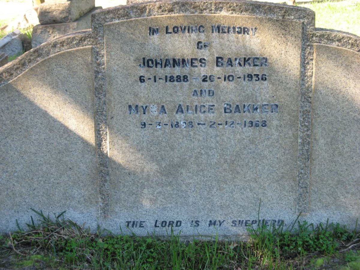 BAKKER Johannes 1888-1936 &amp; Myra Alice 1898-1968