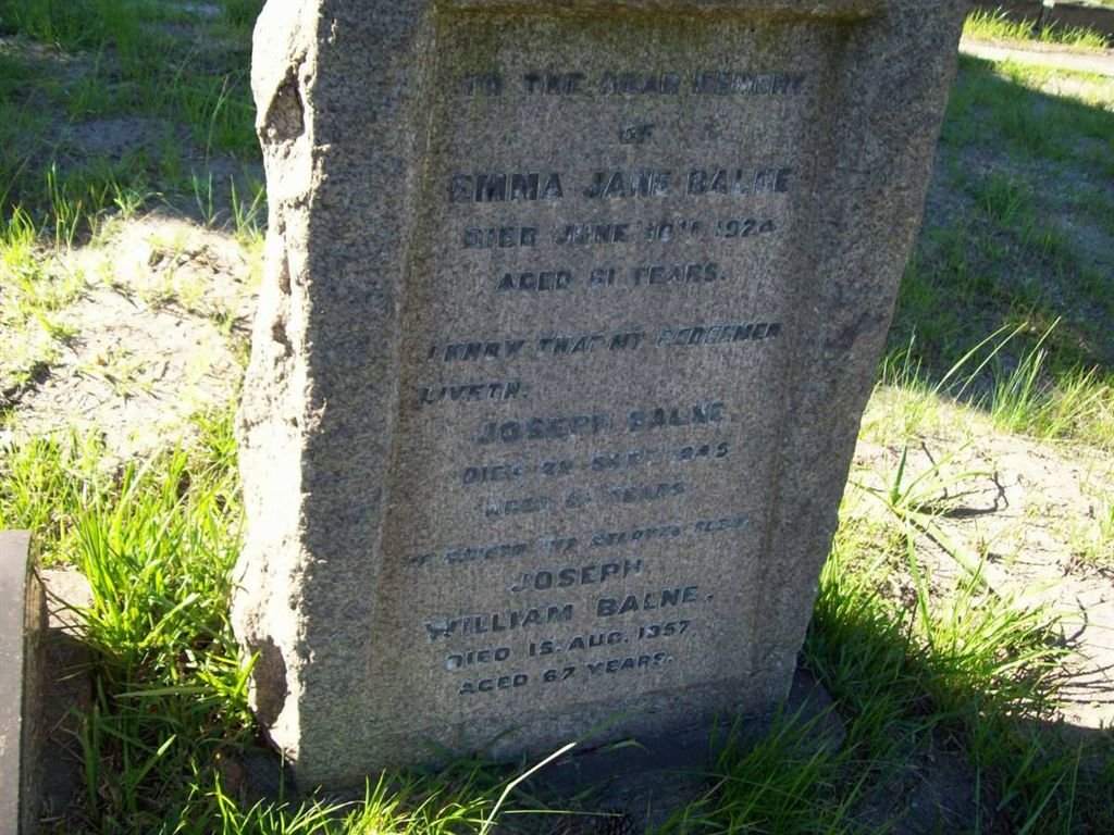 BALNE Emma Jane -1924 :: BALNE Joseph -1945 :: BALNE Joseph William -1957
