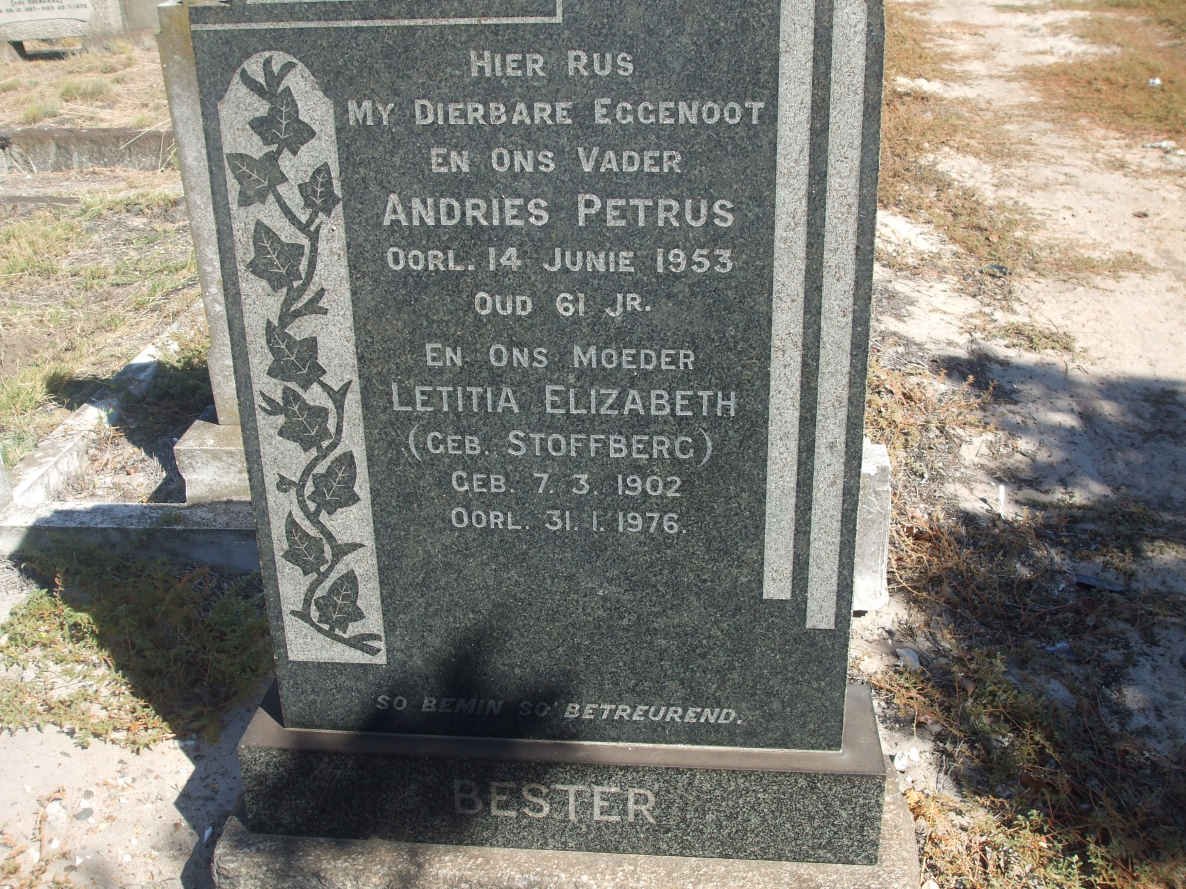 BESTER Andries Petrus -1953 &amp; Letitia Elizabeth STOFFBERG 1902-1976