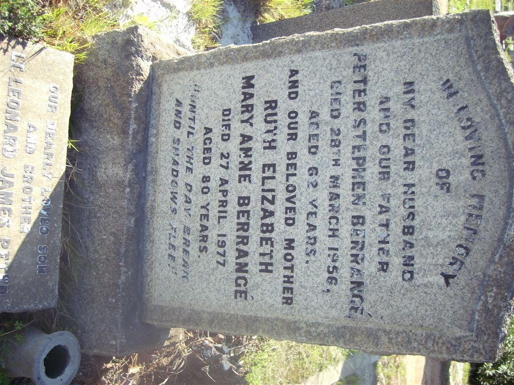 BERRANGE Peter Stephen -1956 &amp; Ruth Elizabeth Mary Anne -1977