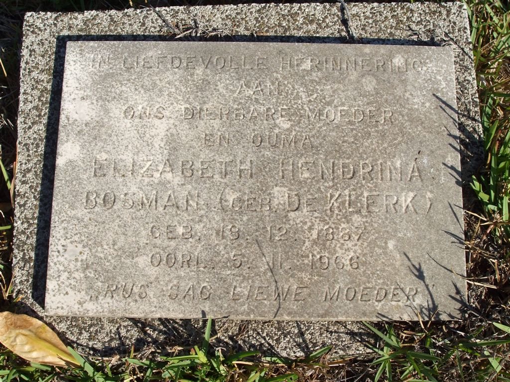 BOSMAN Elizabeth Hendrina nee DE KLERK 1887-1966