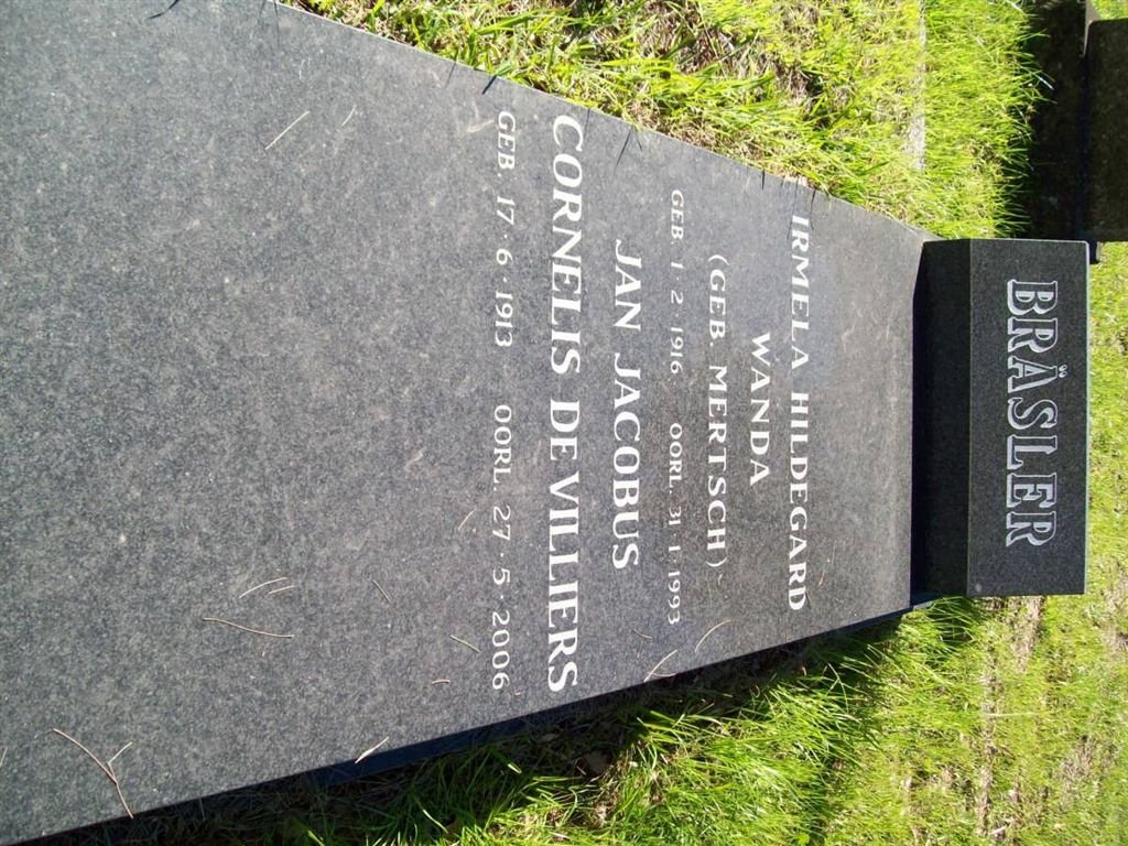 BRASLER Jan Jacobus Cornelis De Villiers 1913-2006 &amp; Irmela Hildegard Wanda MERTSCH 1916-1993