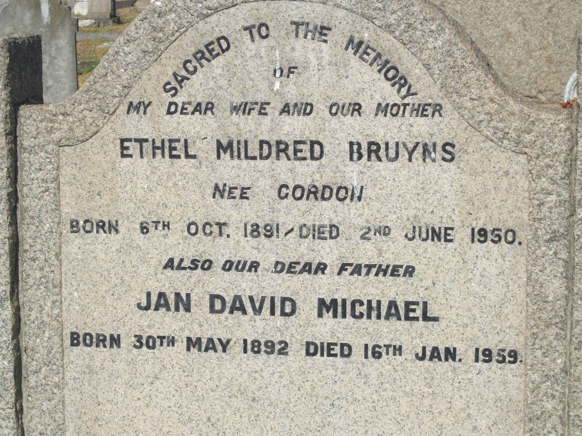 BRUYNS Jan David Michael 1892-1959 &amp; Ethel Mildred GORDON 1891-1950