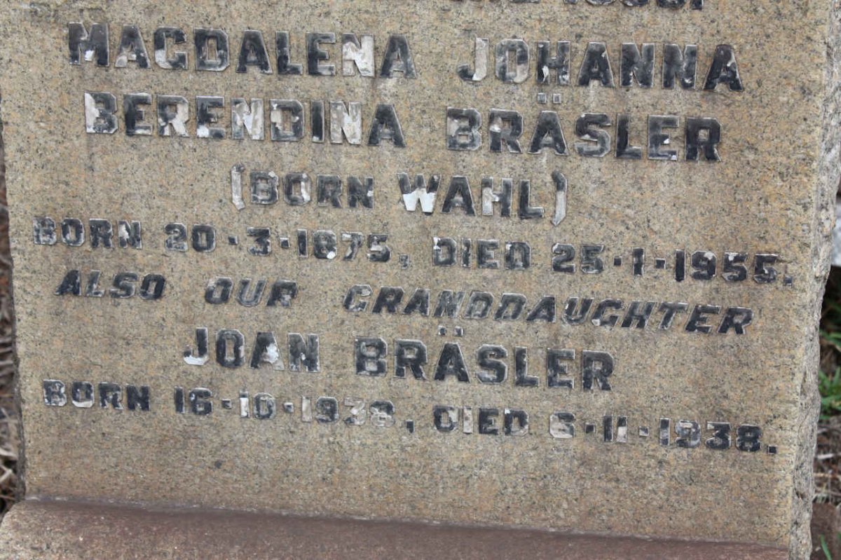 BRASLER Magdalena Johanna nee WAHL 1876-1956 :: BRASLER Joan 1938-1938