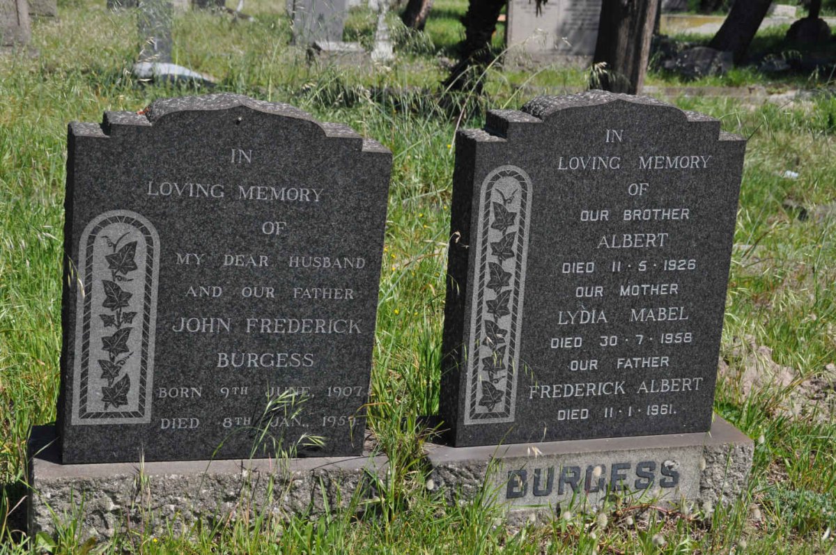 BURGESS John Frederick 1907-1959 :: BURGESS Albert -1926 :: BURGESS Frederick Albert -1961 &amp; Lydia Mabel -1958