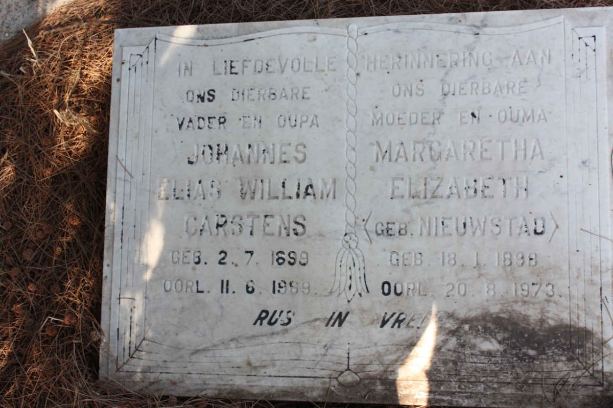 CARSTENS Johannes Elias William 1899-1969 &amp; Margretha Elizabeth NIEUWSTAD 1898-1973