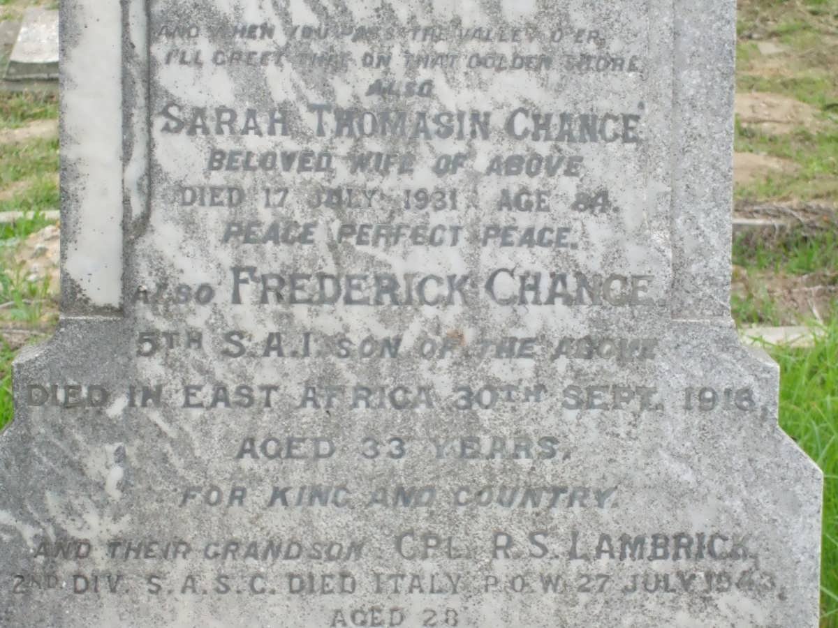 CHANCE Sarah Thomasin -1931 :: CHANCE Frederick -1916 :: LAMBRICK R.S. -1943