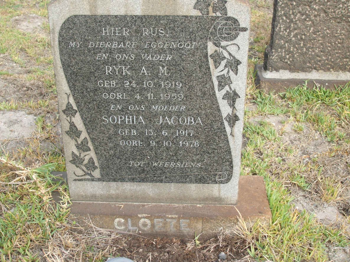 CLOETE Ryk A.M. 1919-1959 &amp; Sophia Jacoba 1917-1978