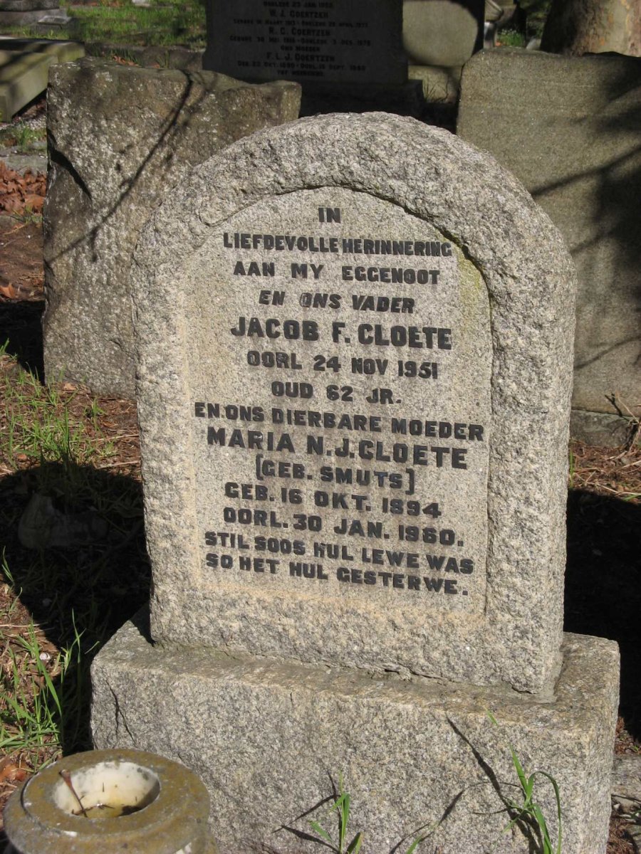 CLOETE Jacob F. -1951 &amp; Maria N.J. SMUTS 1894-1960