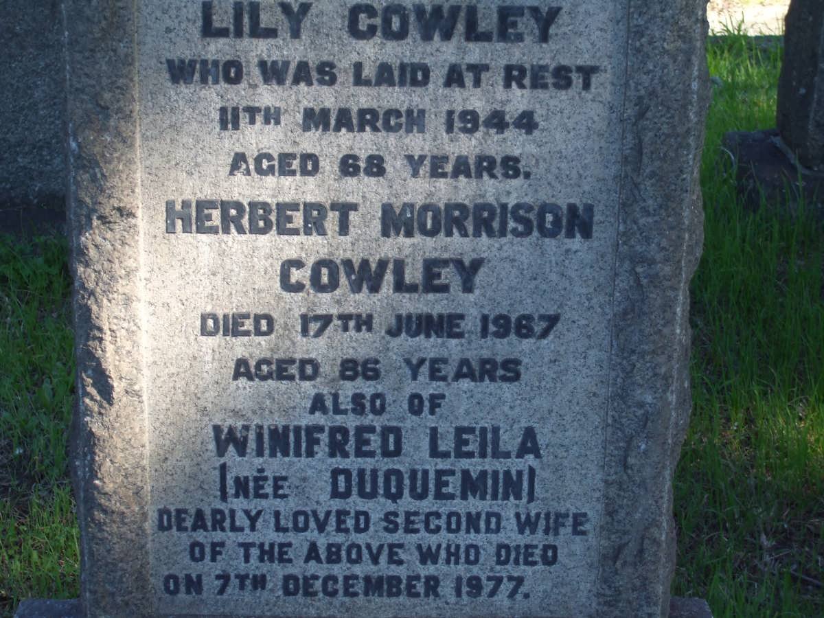 COWLEY Herbert Morrison -1967 &amp; Lily -1944 :: COWLEY Winifred Leila nee DUQUEMIN -1977