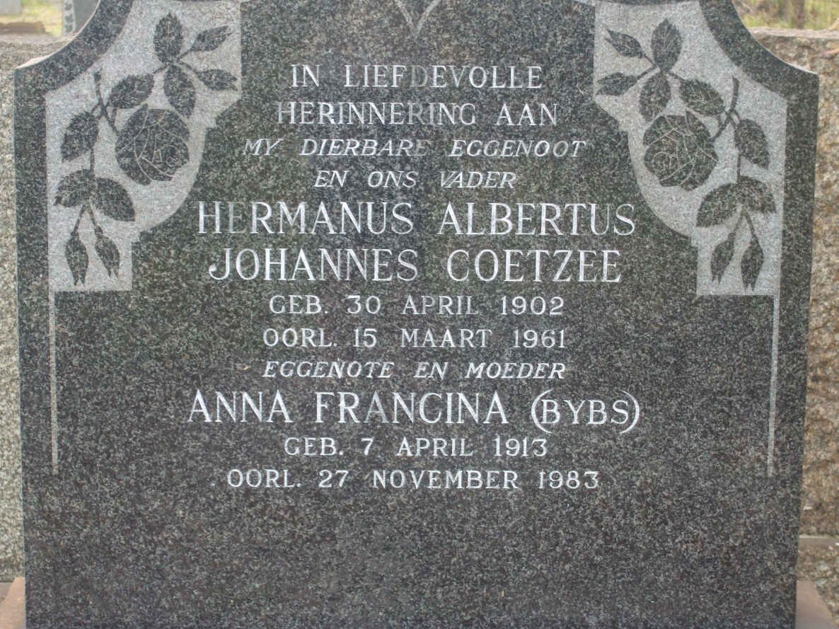 COETZEE Hermanus Albertus Johannes 1902-1961 &amp; Anna Francina 1913-1983