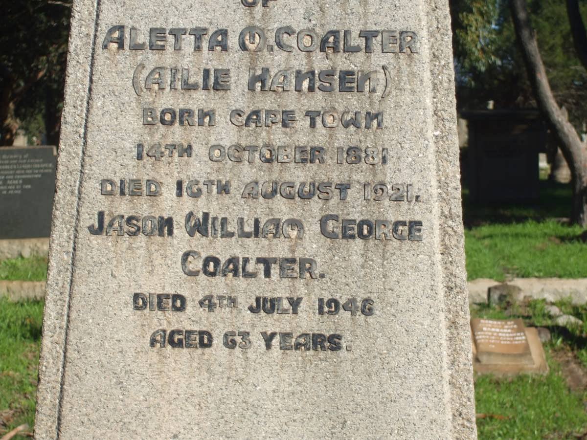 COALTER Jason William George -1946 &amp; Aletta M. HANSEN 1881-1921