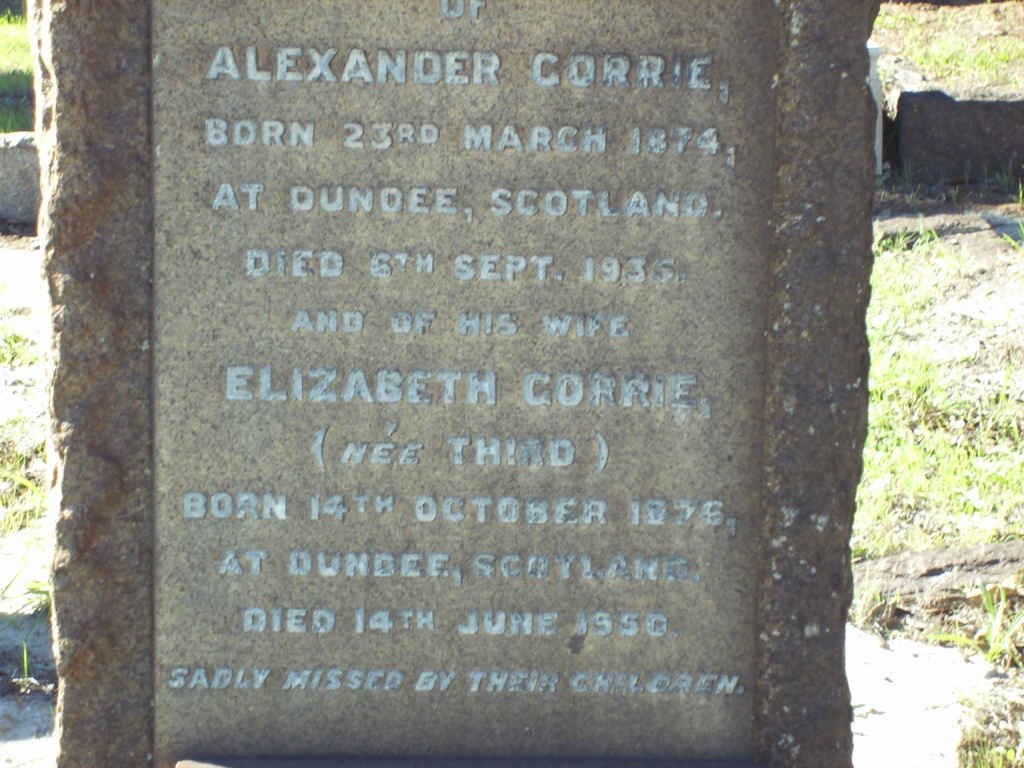 CORRIE Alexander 1874-1935 &amp; Elizabet nee THI?D  1876-1950