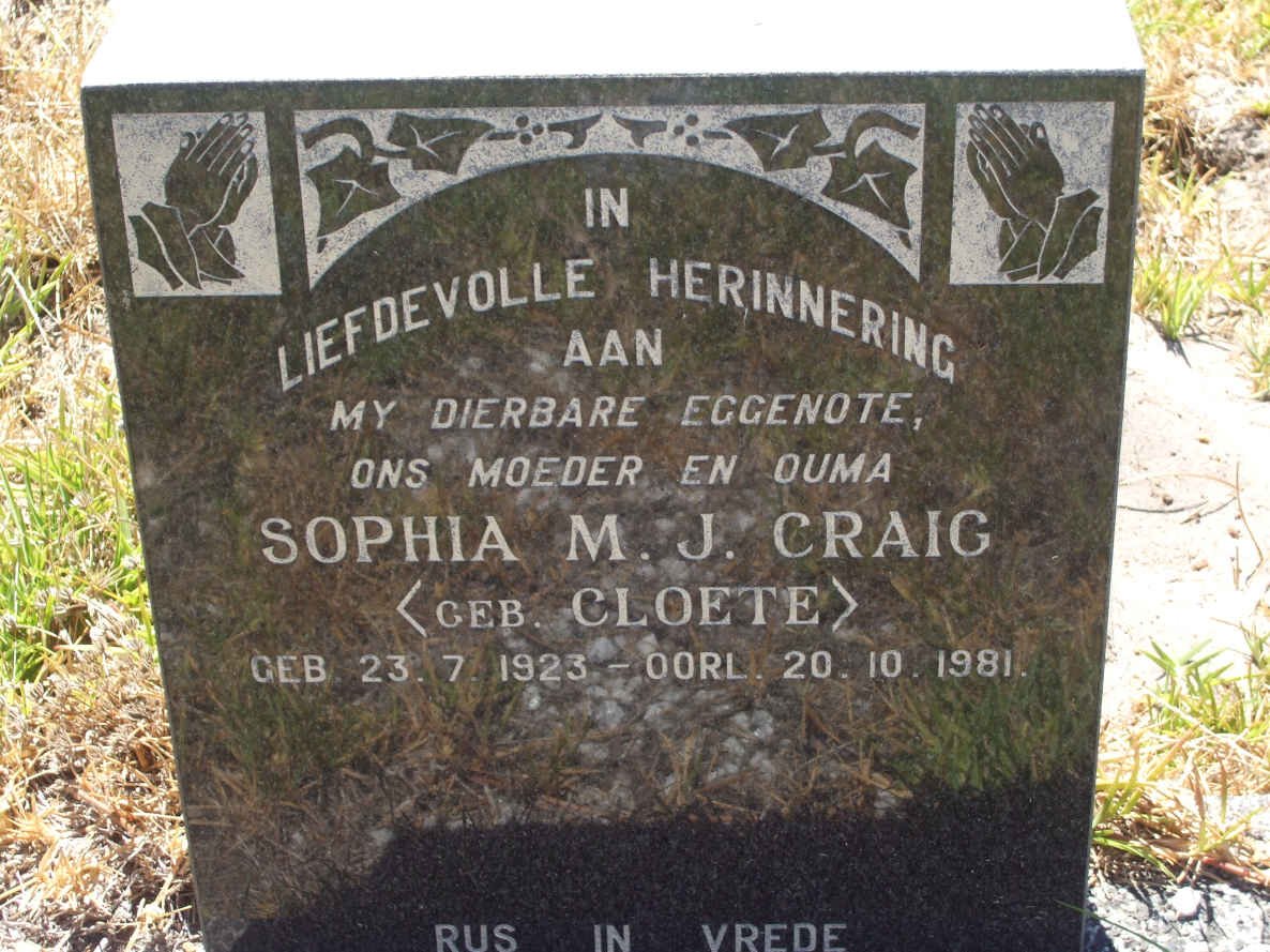 CRAIG Sophia M.J. nee CLOETE 1923-1981