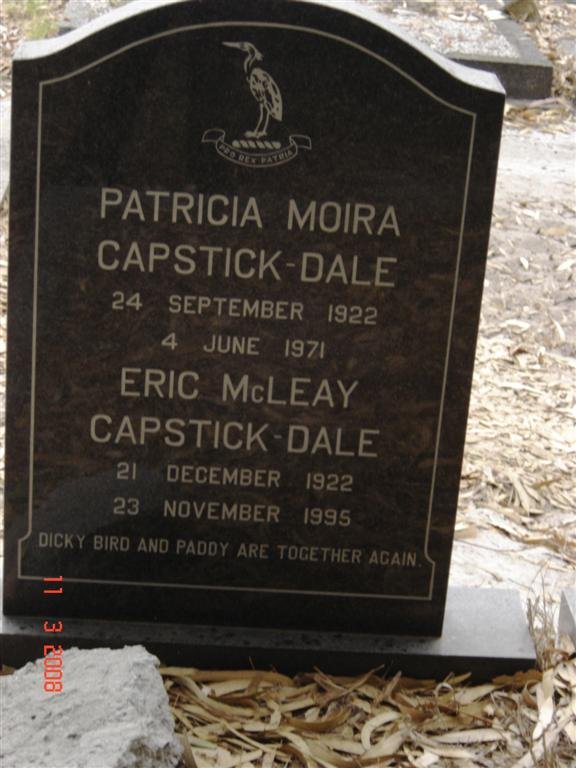 DALE Eric McLeay, CAPSTICK 1922-1995 &amp; Patricia Moira 1922-1971
