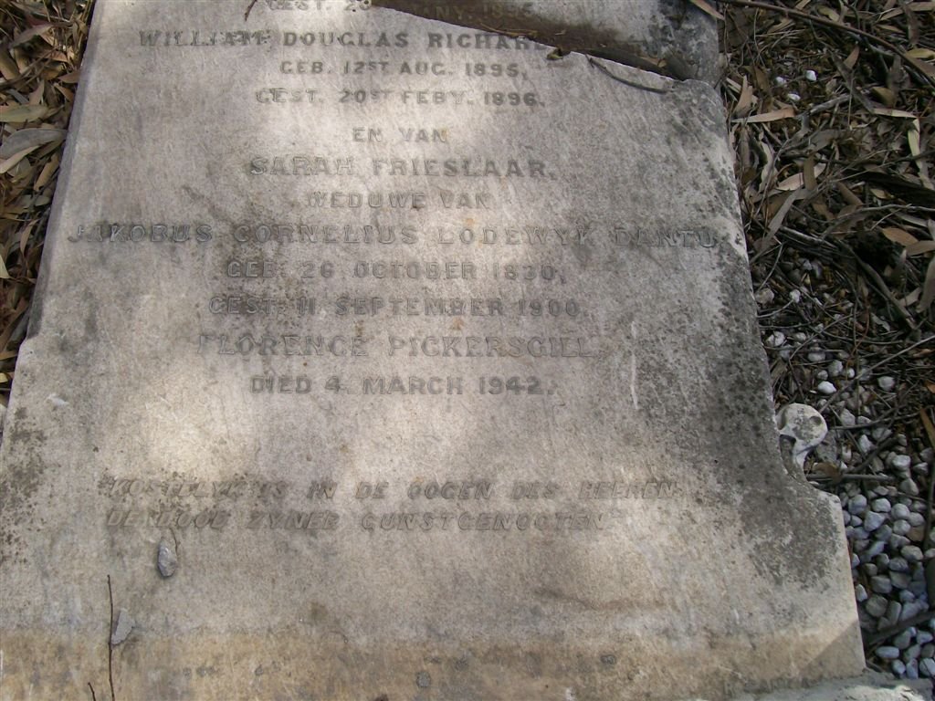 DANTU  Sarah nee FRIESLAAR 1830-1900 :: DANTU William Douglas Richard  1895-1896 :: PICKERSGILL Florence  -1942