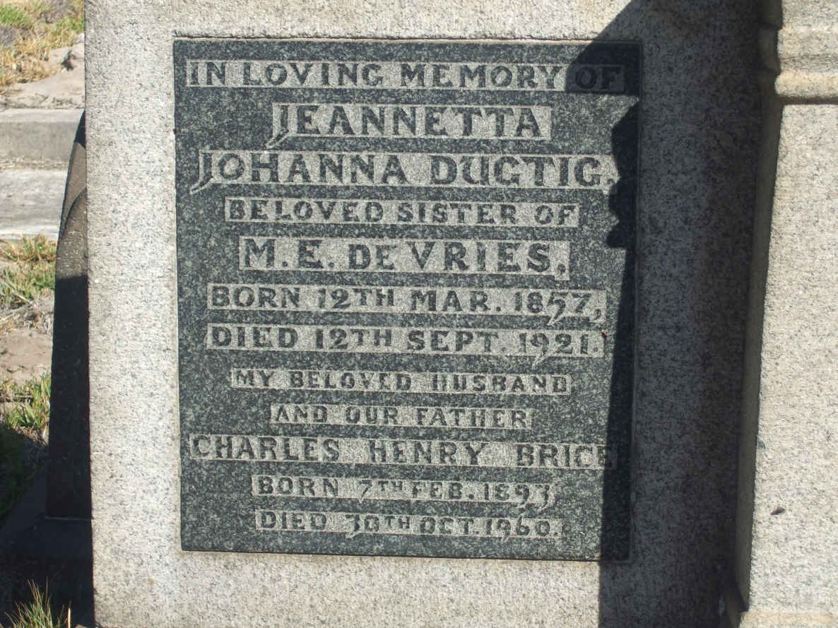 DUGTIG Jeanetta Johanna 1857-1921 :: BRICE Charles Henry 1893-1960