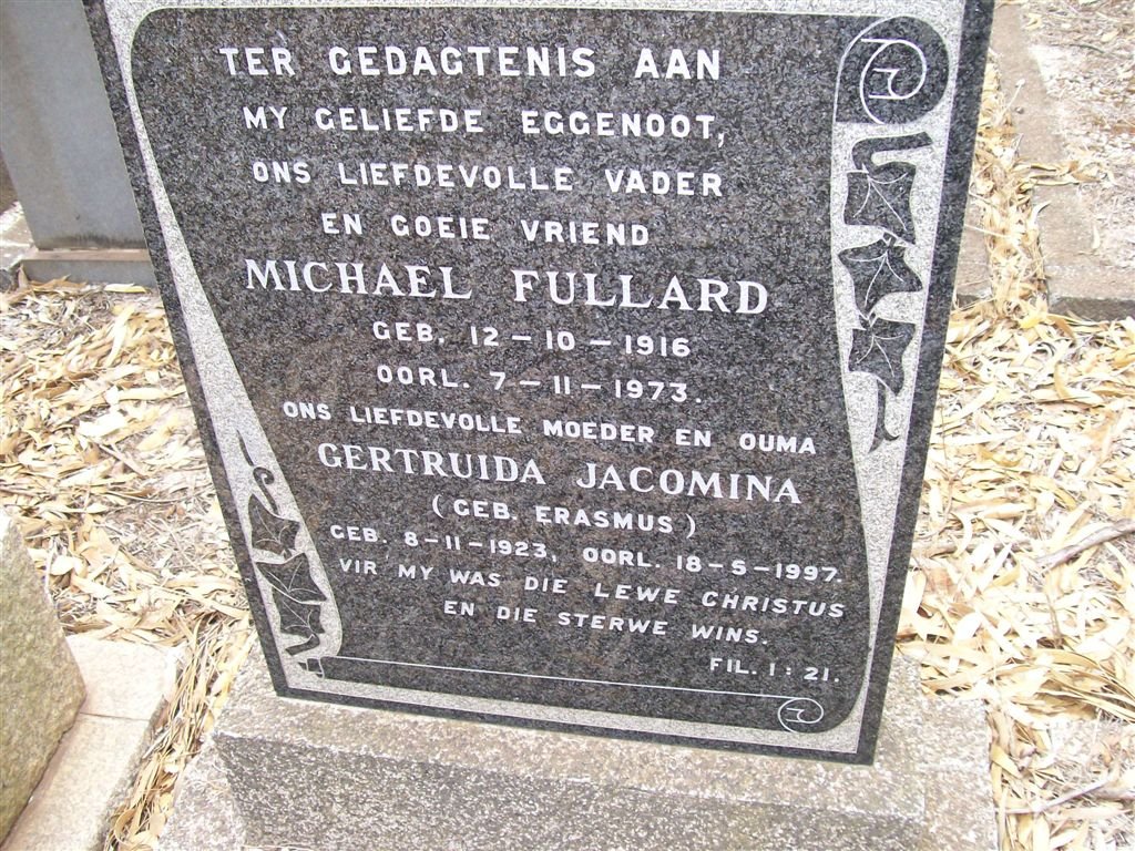 FULLARD Michael 1916-1973 &amp; Gertruida Jacomina ERASMUS 1923-1997