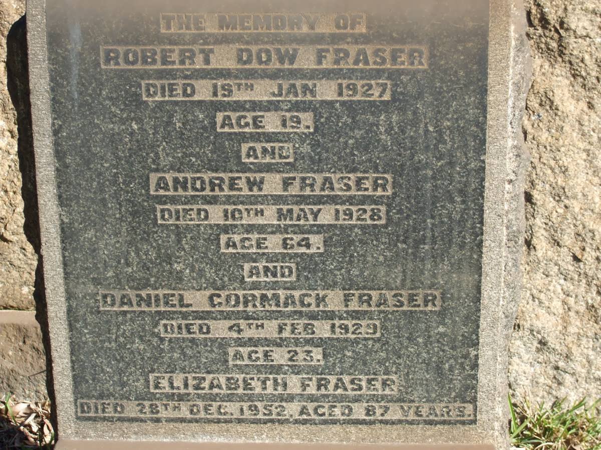 FRASER Robert Dow -1927 :: FRASER Andrew -1928 :: FRASER Daniel Cormack -1929 :: FRASER Elizabeth -1952