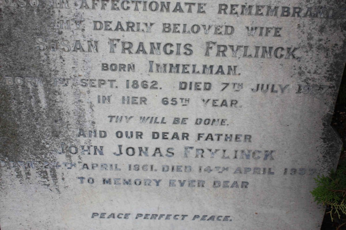 FRYLINCK  John Jonas 1861-1937 &amp; Susan Francis IMMELMAN 1862-1927