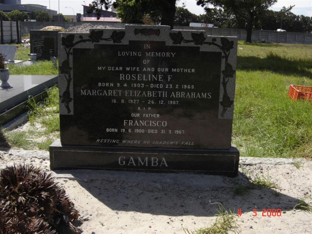GAMBA Francisco 1900-1967 &amp; Rosaline F. 1903-1965 :: ABRAHAMS Margaret Elizabeth 1927-1987