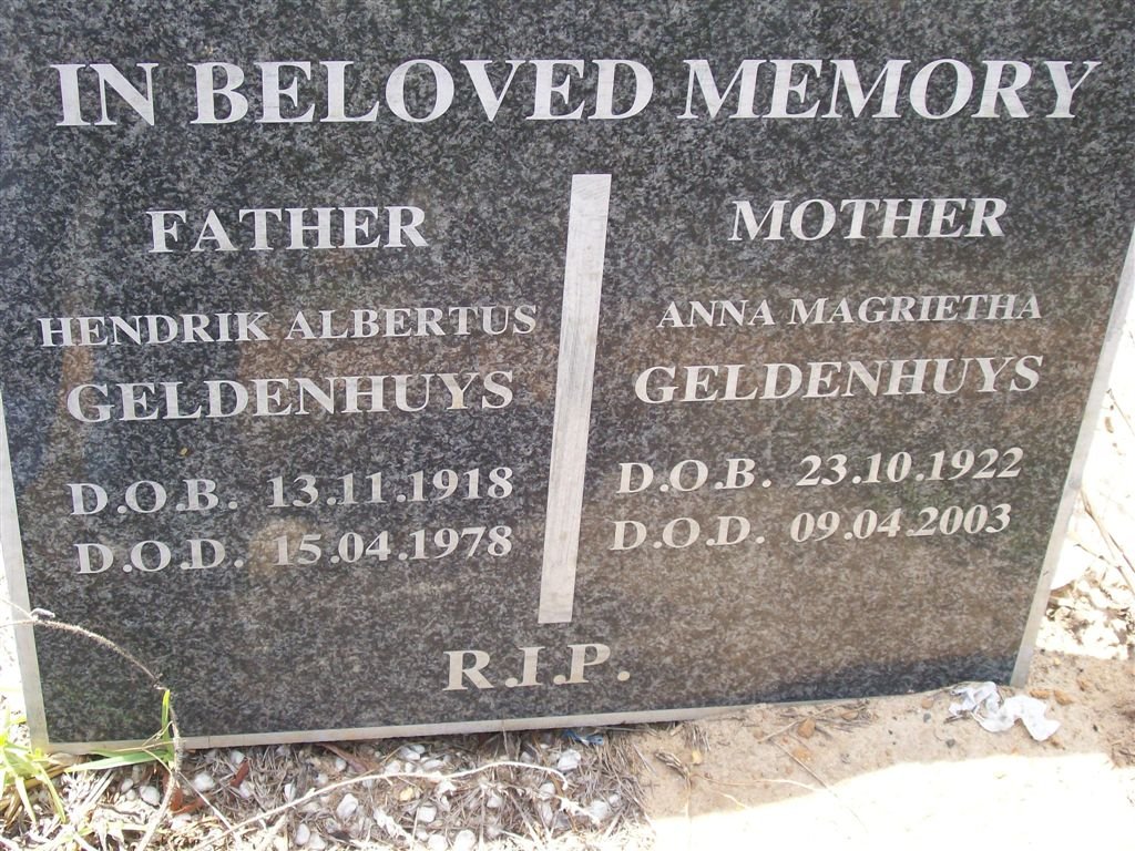 GELDENHUYS Hendrik Albertus 1918-1978 &amp; Anna Magrietha 1922-2003